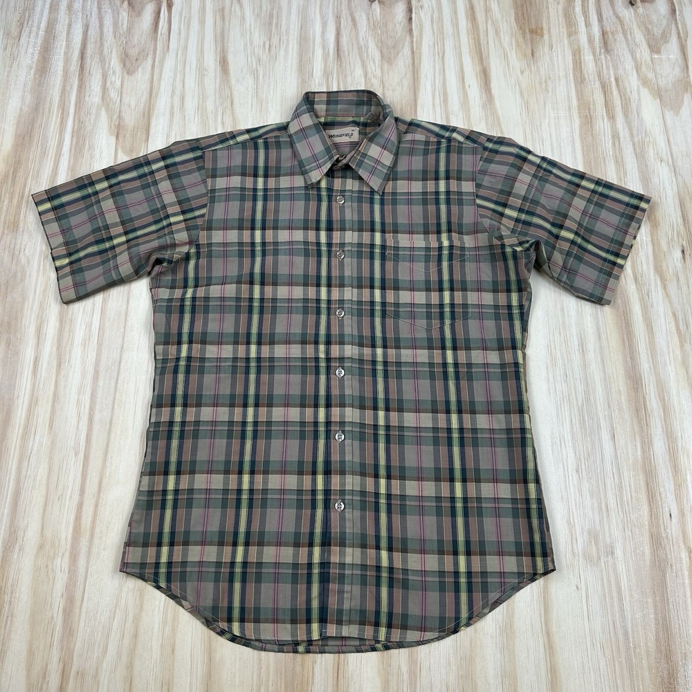 True‎ Vintage Disco Button Shirt M Plaid Wedgefield 70s USA Dagger Short Sleeve - Picture 3 of 8